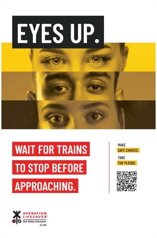 Poster with close ups of eyes and transit safety message 